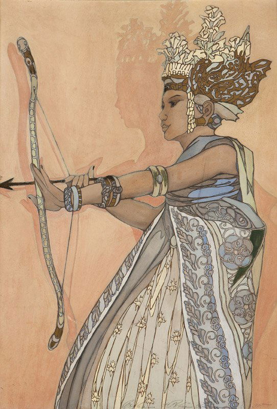 Bertha Lum (1869-1954 San Francisco, CA): ''Balinese Dancer'', standing figure with bow and arrow, signed and dated in pencil along the lower edge: Bertha + Peter Lum 30-, gouache, wash and graphite with painted gilt highlights on board, 32''