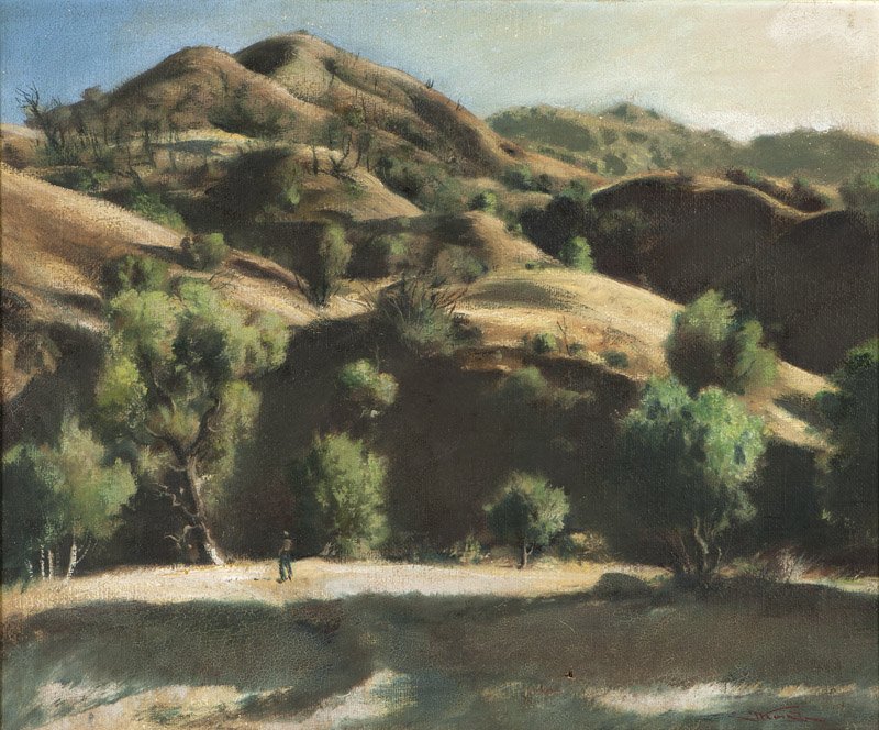 Emil J. Kosa Jr. (1903-1968 Los Angeles, CA): Man in a California hill landscape, signed lower right: E.J. Kosa Jr., oil on canvas, 28'' H x 34'' W, est: $3000/5000