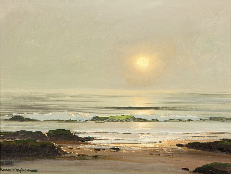 Robert W. Wood (1889-1979 Bishop, CA): ''Winter Sun'', signed lower left: Robert Wood, titled verso and with artist's reproduction rights stamps verso, oil on canvas, 12'' H x 16'' W, est: $1500/2000 Note: A modern photocopy of the artist'