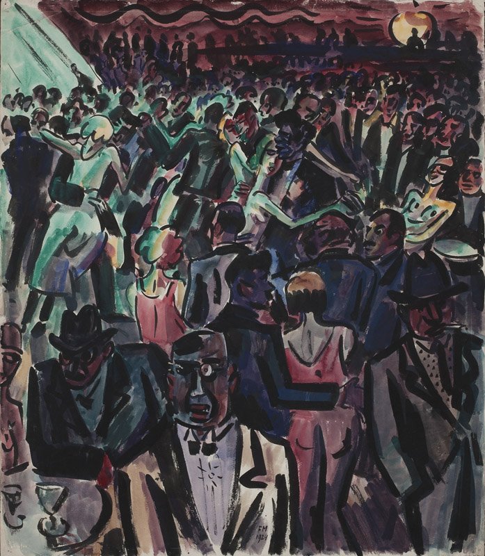 Frans Masereel (1889-1972 American / Belgian / French): ''Moulin Rouge'', signed with initials and dated lower center: FM 1924, titled and numbered verso: No. 15, watercolor on paper under Plexiglas, paper size: 24.25'' H x 21.25'' W, est: $1500/2500