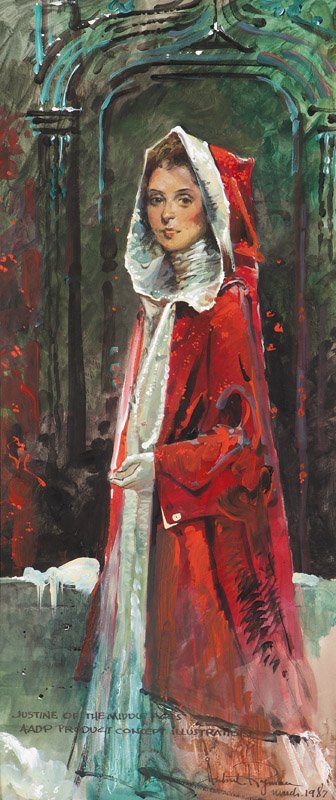 Herbert Ryman (1910-1989 Los Angeles, CA): ''Justine of the Middle Ages'', signed and dated lower right: Herbert Ryman March 1987, titled and inscribed lower center: AADP Product Concept Illustration, unframed acrylic on board, sight size: 23.