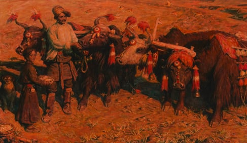 Pan Shixun (b. 1934), "Spring Plowing and Feeding the Cattle," 1989
