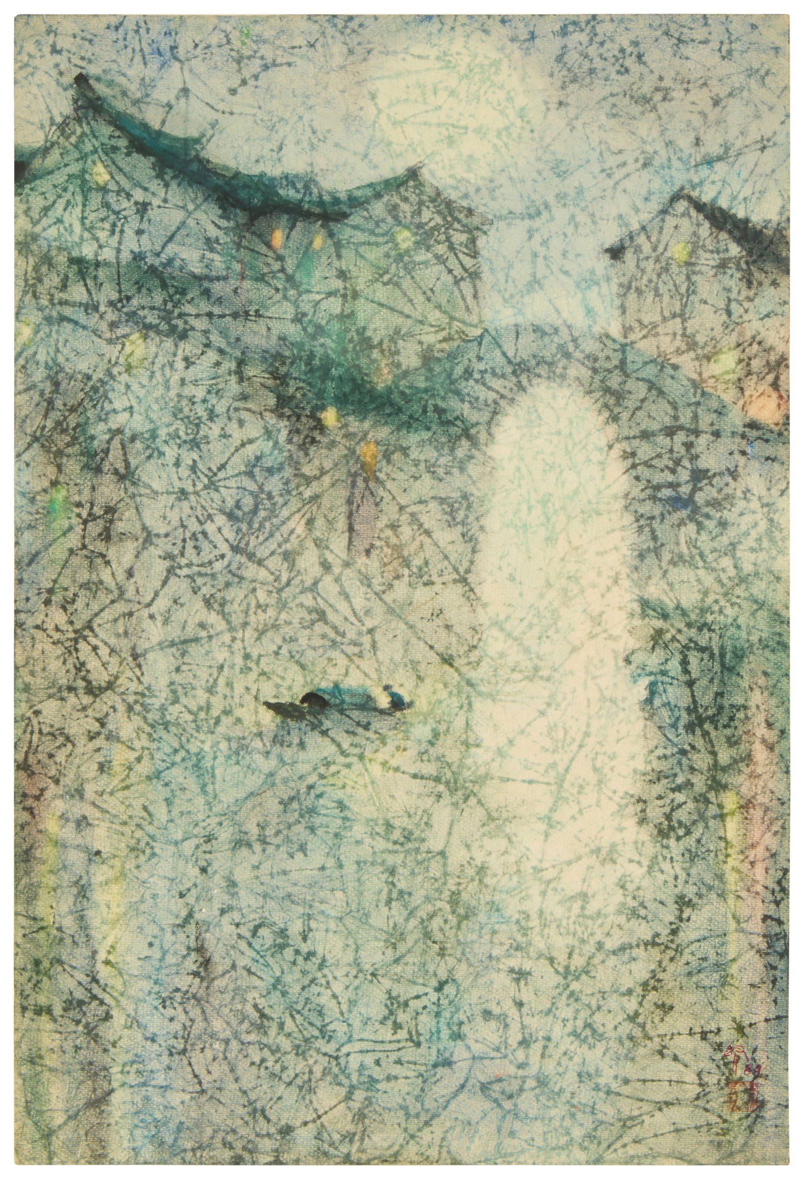 Zhu Sunxian (20th century), "Passing the Bridge," 1989: Zhu Sunxian(20th century)"Passing the Bridge," 1989Watercolor and pastel on crumpled-style Japanese paperWith Chinese characters and an ink stamp, presumably the artist's name, and dated 89, all in re