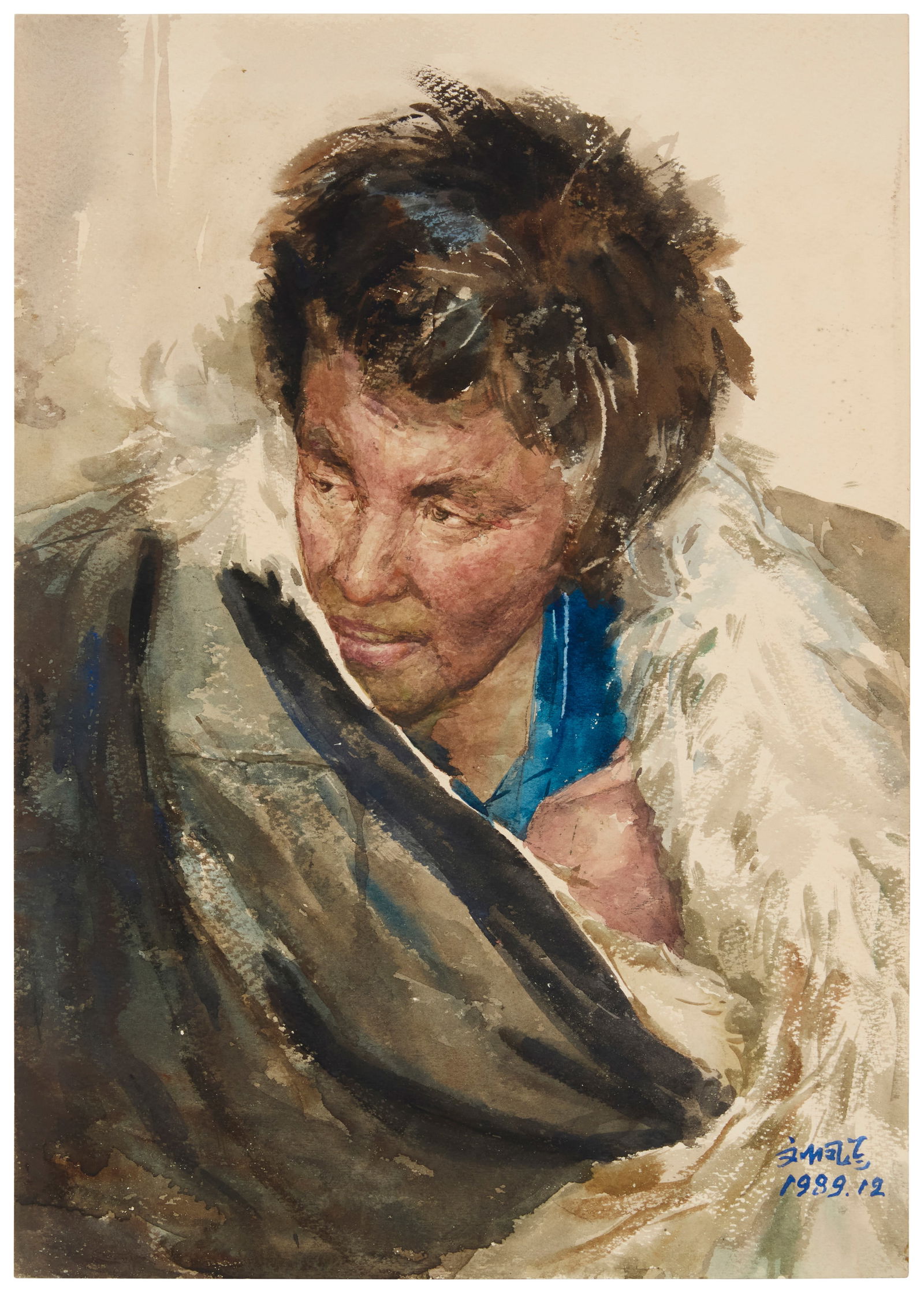 Liu Fenglan (b. 1944), "Tibetan Herder," 1989: Liu Fenglan(b. 1944)"Tibetan Herder," 1989Watercolor on wove paperSigned in Chinese characters and dated 1989.12, both in blue ink in the lower right corner; numbered 24 and inscribed in Chinese chara