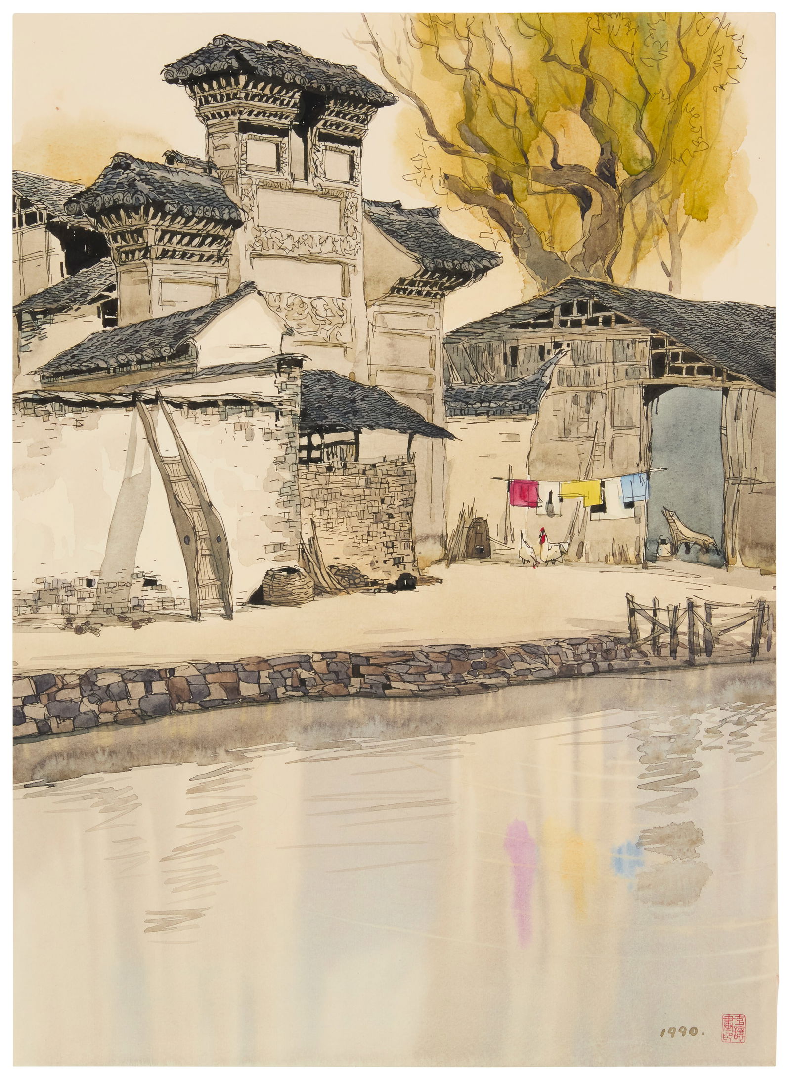 Zhang Kerang (b. 1937), "Red Towel," 1990: Zhang Kerang(b. 1937)"Red Towel," 1990Watercolor and ink on paperStamped with a red ink chopmark, presumably the artist's name, and dated 1990., lower right; titled by reputeSheet: 20.75" H x 15" W