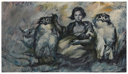Cheng Yuan (b. 1952), Girl with owls, 1984