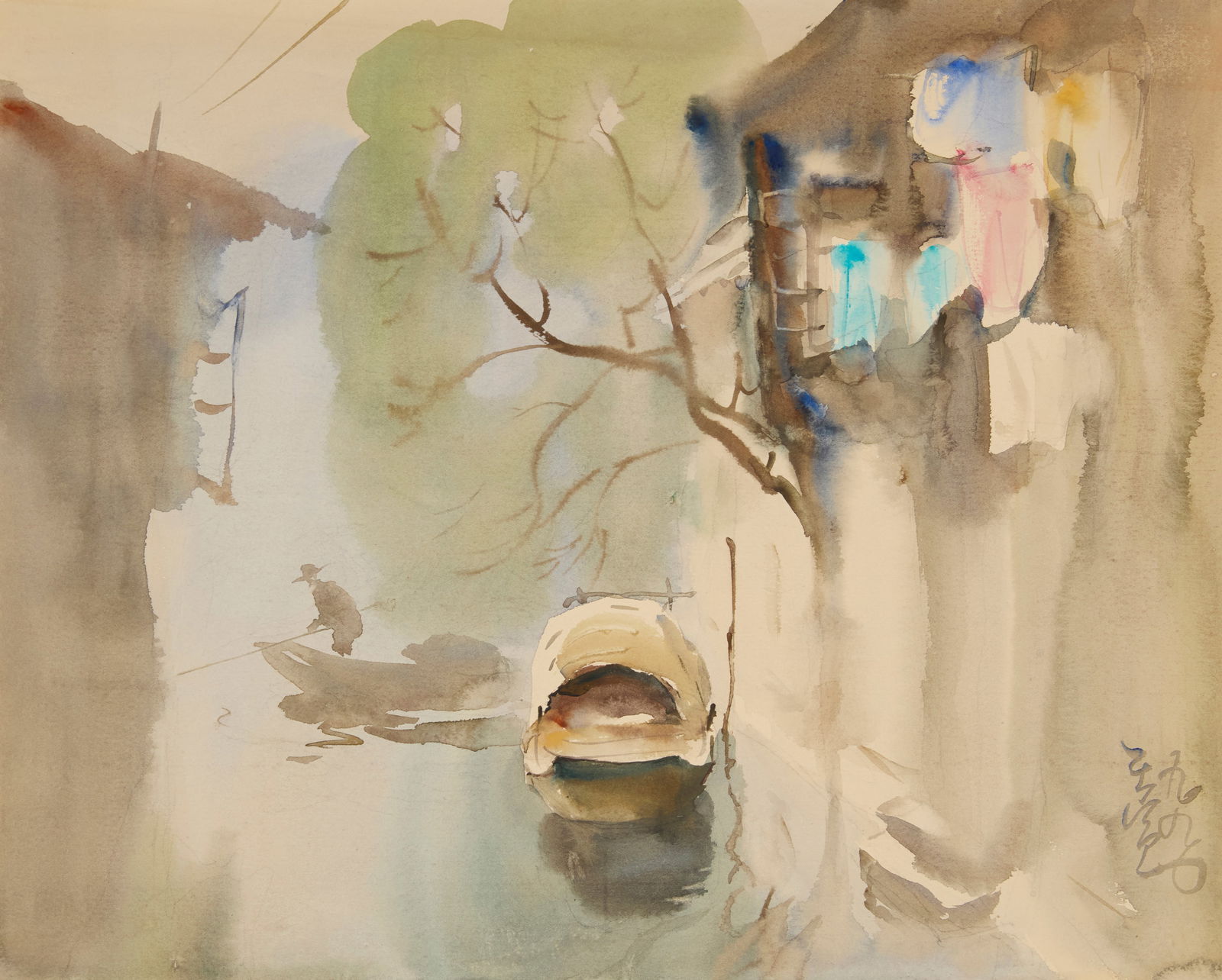 Wang Xuan (b. 1943), "Laundry," 1990: Wang Xuan(b. 1943)"Laundry," 1990Watercolor on paperSigned in Chinese, lower right; titled and dated by reputeImage/Sheet: 13.875" H x 17.625" W