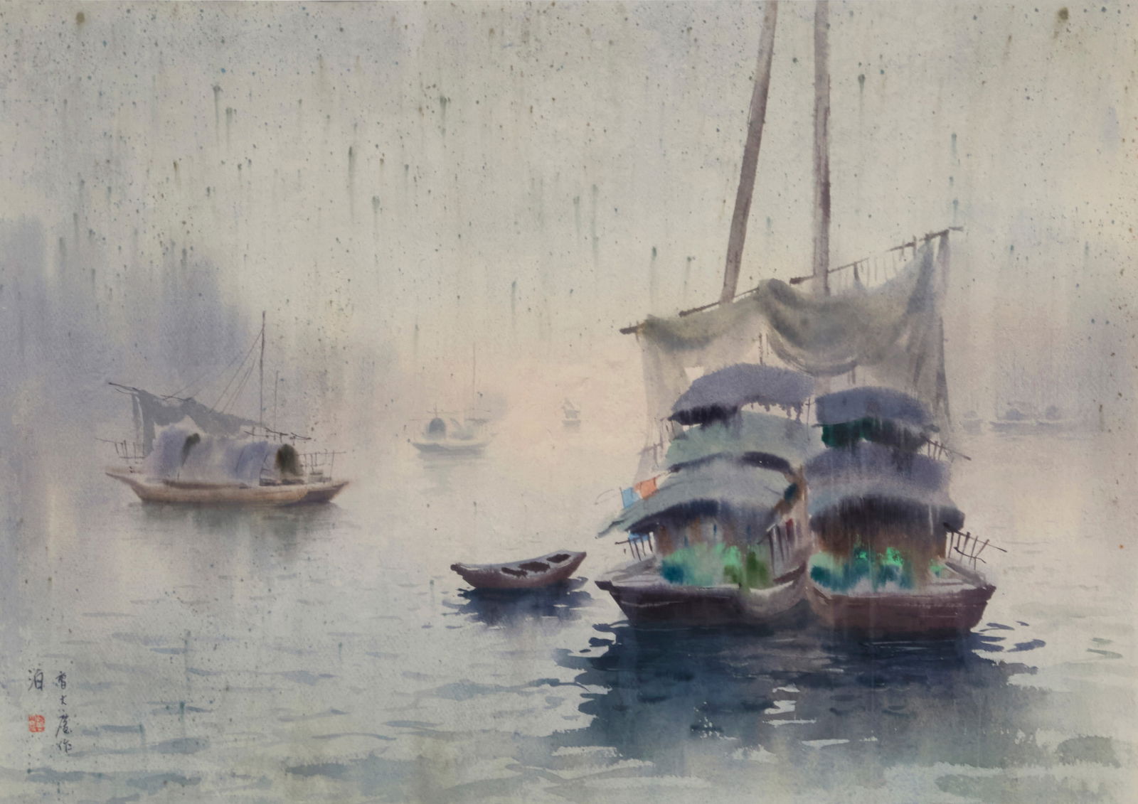 Cao Daqing (b. 1944), "Foul Weather": Cao Daqing(b. 1944)"Foul Weather"Watercolor on paperSigned and inscribed in Chinese in black ink, and with a red ink chopmark, all lower left; titled on a label affixed to the frame's glassSight: 24.5