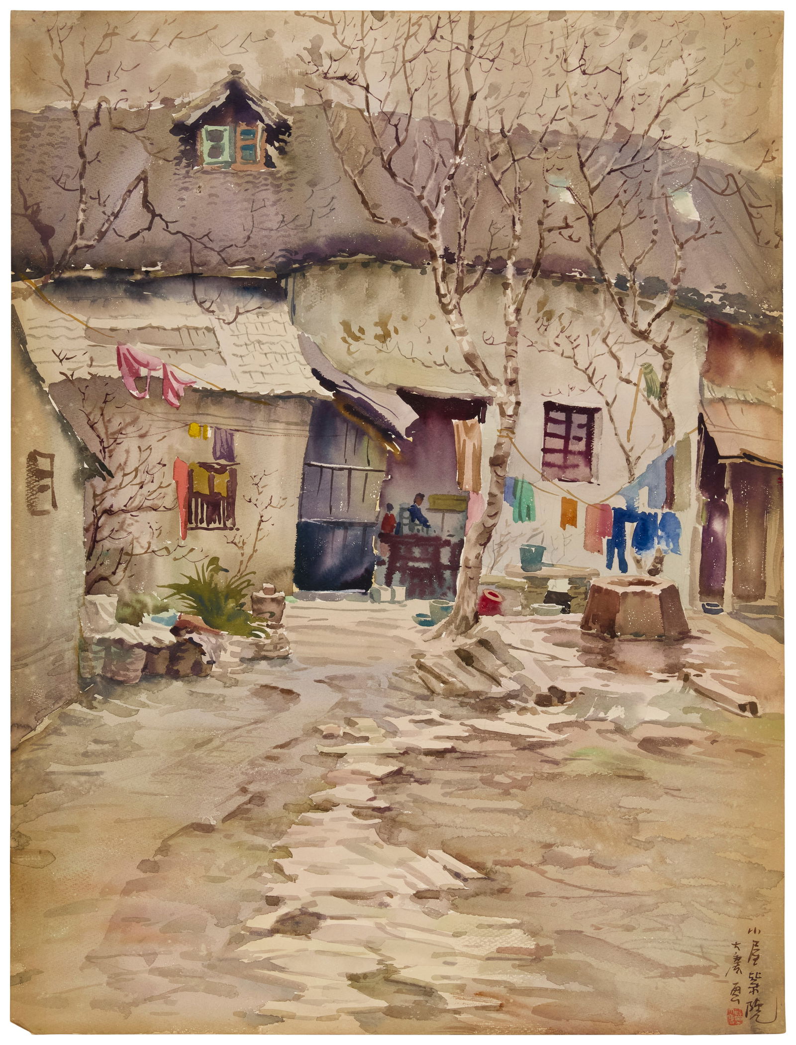Cao Daqing (b. 1944), "Backyard": Cao Daqing(b. 1944)"Backyard"Watercolor on paperSigned and inscribed in Chinese in dark brown ink, and with a red ink chopmark, all lower right; titled by reputeImage/Sheet: 32.75" H x 25" W