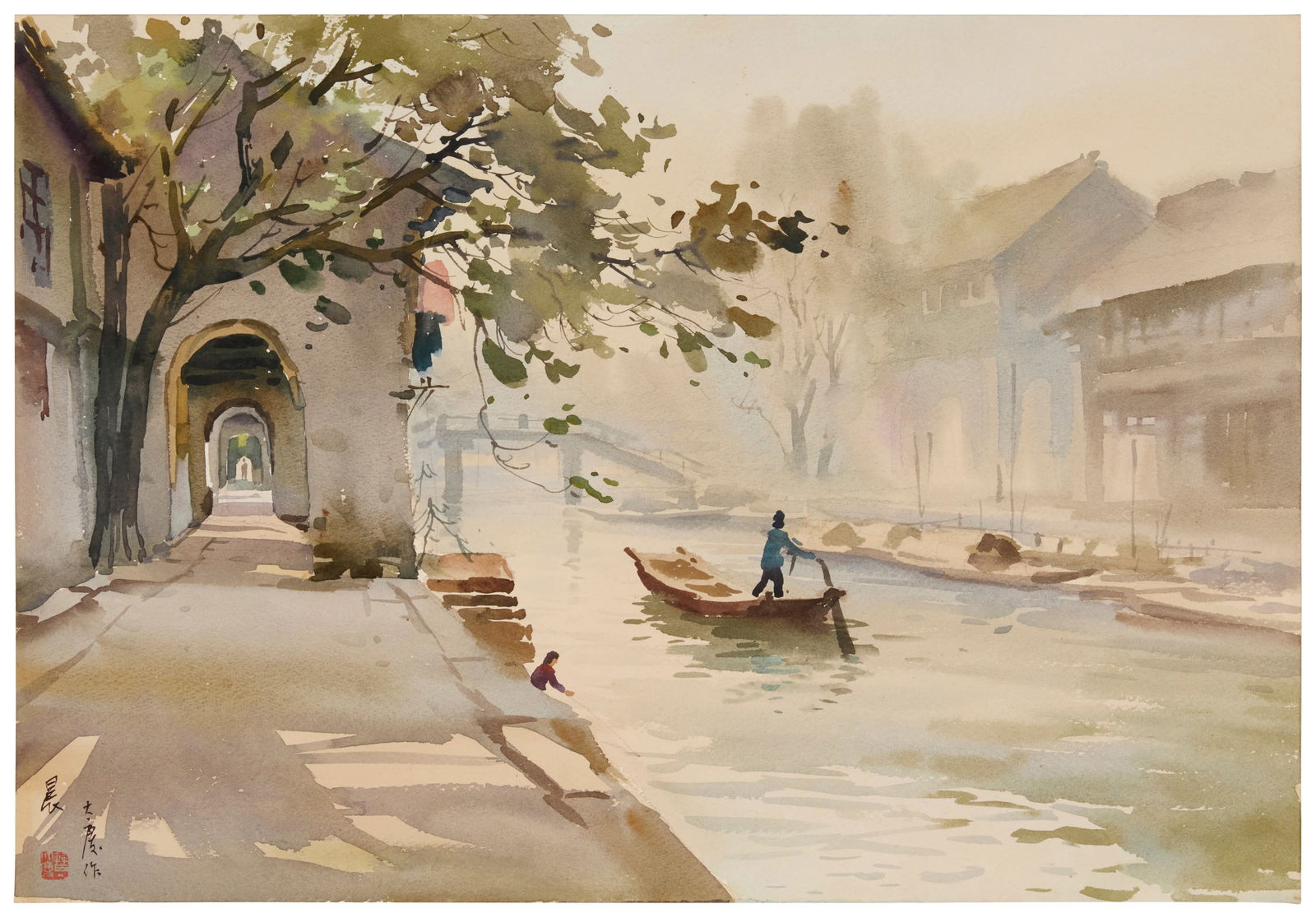 Cao Daqing (b. 1944), "Noon": Cao Daqing(b. 1944)"Noon"Watercolor on paperSigned and inscribed in Chinese in black ink, and with a red ink chopmark, all lower left; titled by reputeImage/Sheet: 17" H x 24.75" W