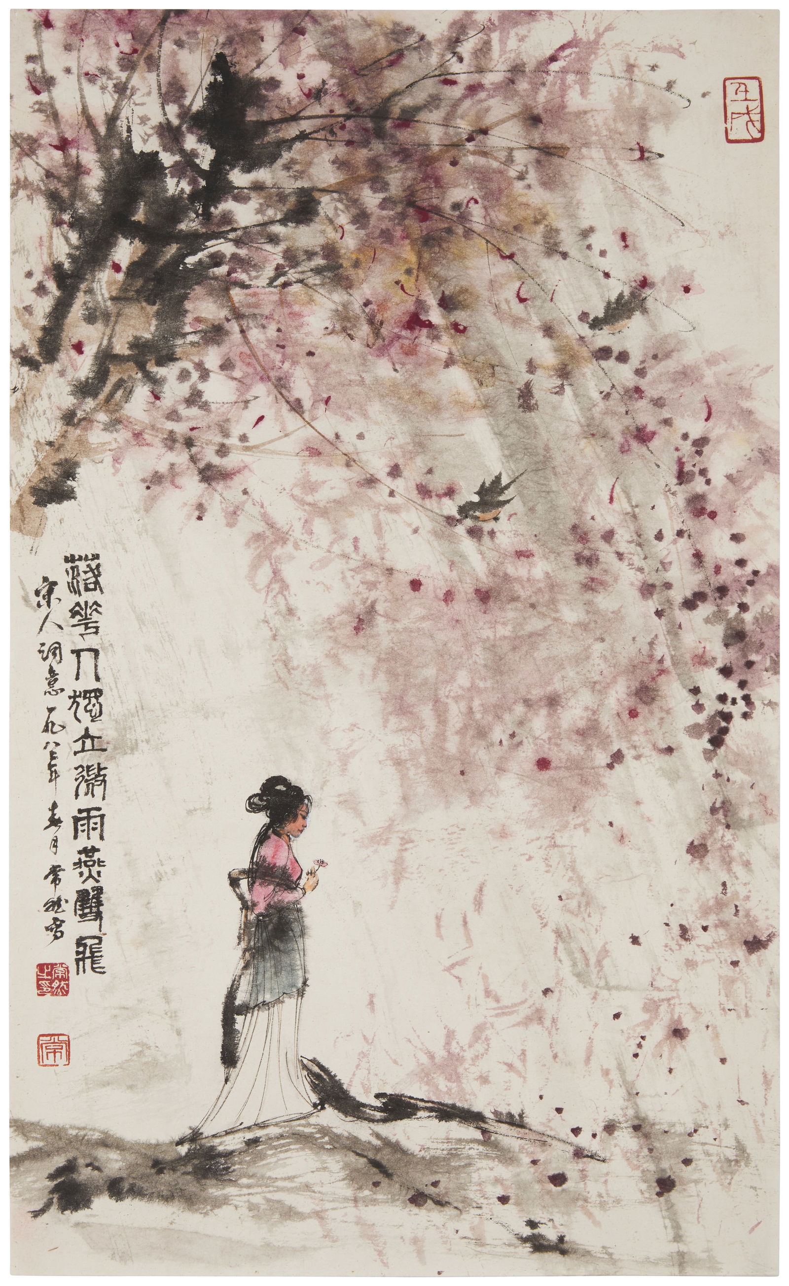 Chang Ran (b. 1950), "Woman in Autumn": Chang Ran(b. 1950)"Woman in Autumn"Ink on paper laid to paper, as issuedInscribed in Chinese characters, in ink, along the left edge, possibly with the artist's signature, and stamped with three red i