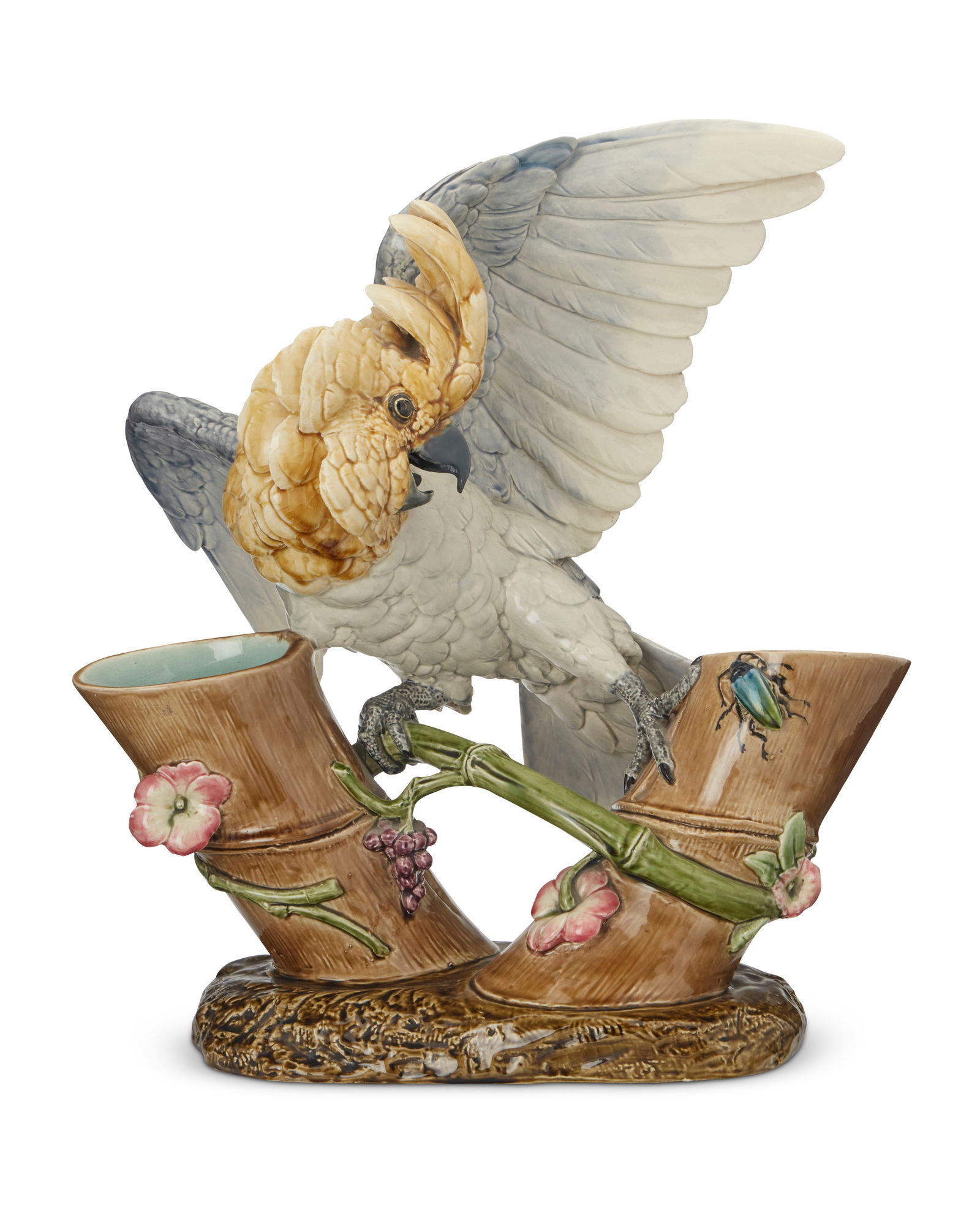 A Choisy-le-Roi majolica cockatoo & beetle double vase (1 of 6)