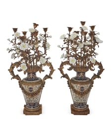 A pair of Napoleon III-style bronze-mounted porcelain candelabra