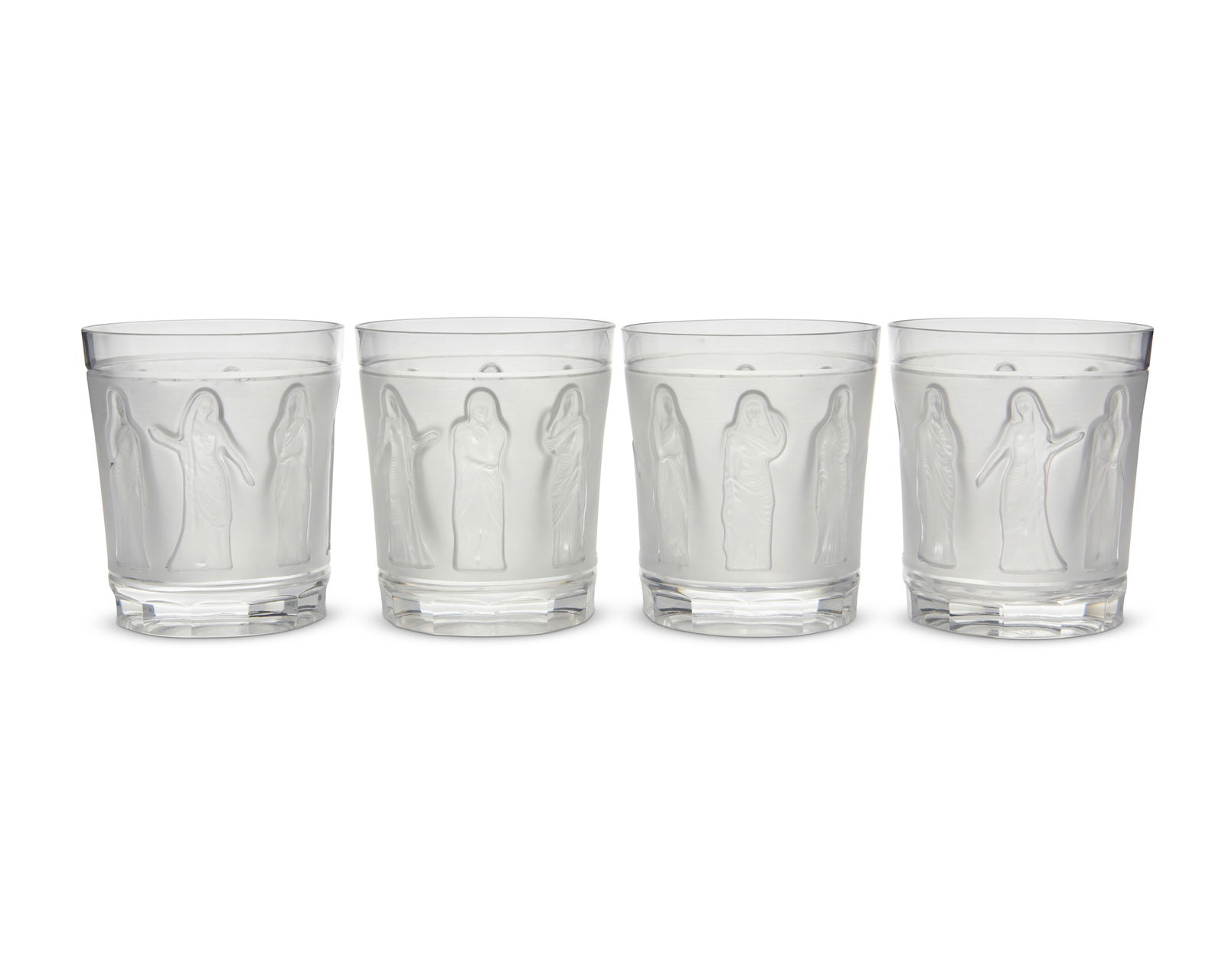 A set of ten Lalique glass 'Femmes Antique' tumblers: A set of ten Lalique glass 'Femmes Antique' tumblersLate 20th centuryEach etched: Lalique registered trademark France [post-1978]10 piecesEach: 4" H x 3.5" Dia.