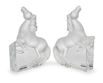 A pair of Lalique glass 'Kazak' horse bookends