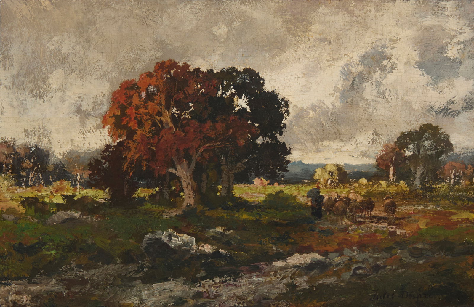 Jules Dupre (1811-1889), Shepherd with flock of sheep: Jules Dupre(1811-1889)Shepherd with flock of sheepOil on cradled boardSigned lower right: Jules Dupre8" H x 12.5" W