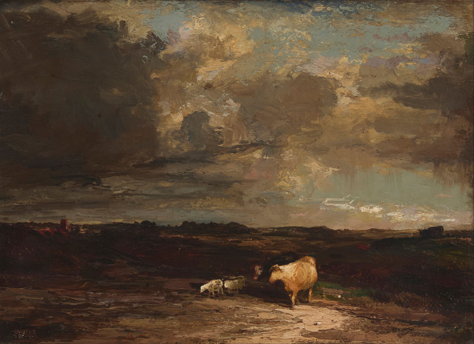 Jules Dupre (1811-1889), Cattle in a vast landscape: Jules Dupre(1811-1889)Cattle in a vast landscapeOil on canvas laid to boardSigned lower right: Jules DupreSight: 10.5" H x 14.75" W Provenance:Delphine Gallery, Santa Barbara, CA