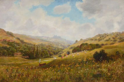 John Bonny (1874-1948), Flock of sheep in a pastoral landscape