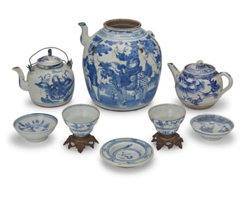 A group of East Asian blue and white porcelain tea wares