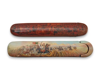 Two Persian polychrome wood and papier-m‚che pictorial pen boxes