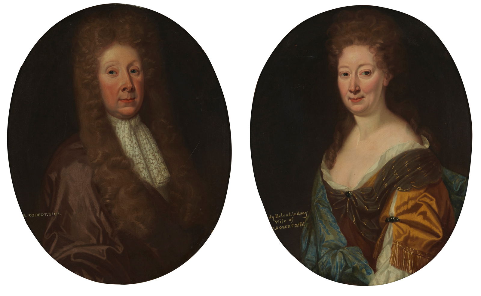 Late 17th/early 18th century British School: Late 17th/early 18th century British SchoolTwo works:Portrait of Lady Helen LindsayOil on canvasUnsigned; titled lower left: "[Lady] Helen Lindsay / Wife of / [Si]r. Robert. 3d Bt;" inscribed in ink i