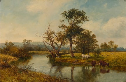 David Bates (1840-1921), Cows watering in a British pastoral landscape, 1880