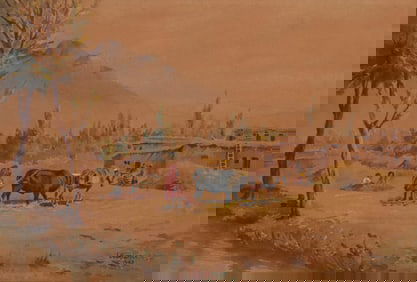 Sumbat Der Kiureghian (1913-1999), Rural Iranian scene with figures and farm animals, 1948