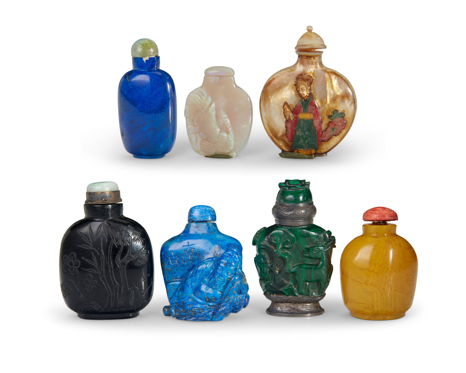 A group of Chinese snuff bottles: A group of Chinese snuff bottles19th/20th centuryComprising one opal depicting a goldfish, one malachite depicting flora and fauna in relief and mounted with metal, one blue hardstone depicting a scho
