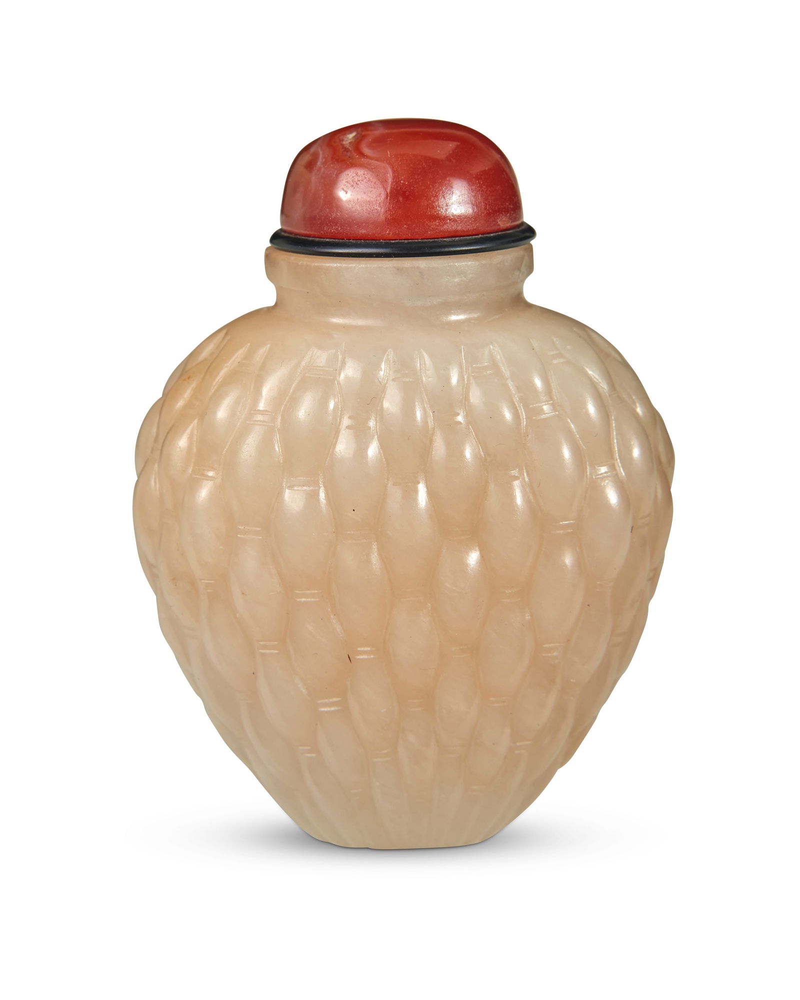 A Chinese carved calcite snuff bottle: A Chinese carved calcite snuff bottle19th/20th centuryCarved with a basketweave pattern2.5" H x 1.875" W x 1.25" D