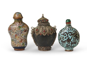 Two Chinese cloisonne snuff bottles and a Tibetan horn snuff bottle