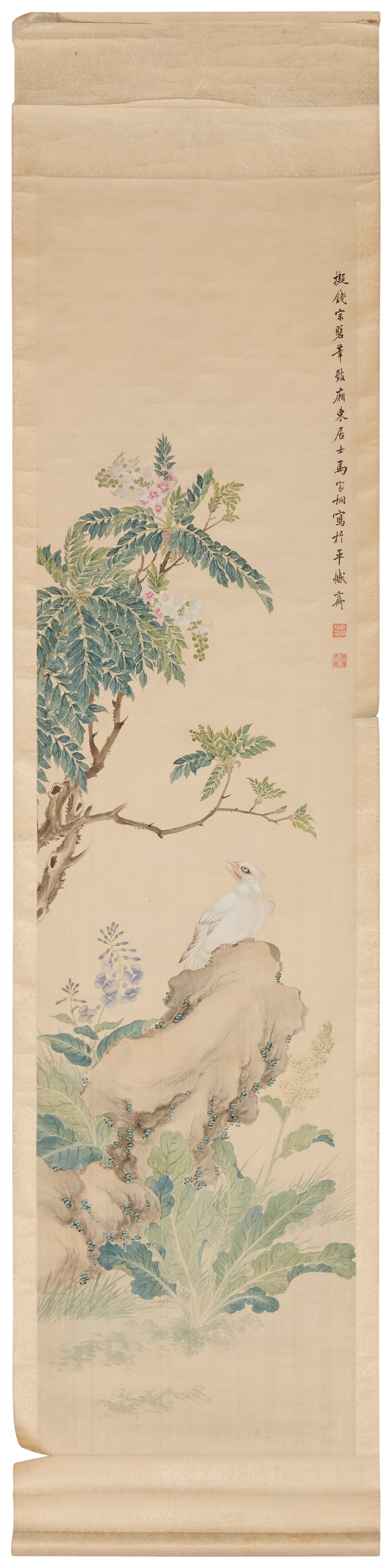 Ma Jiatong (1865-1937), Birds and flowers, circa 1900: Ma Jiatong(1865-1937)Birds and flowers, circa 1900Ink and pigment on silk mounted to a fabric/paper scrollBearing the "Ma Jiatong" signature and inscribed in black ink, and two red ink chopmarks, all