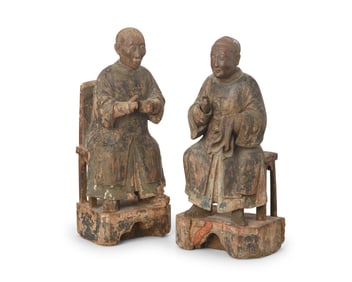 Two Chinese polychrome carved wood figures of ancestors