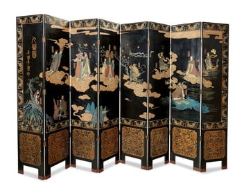 A Chinese polychrome lacquered wood eight-panel coromandel screen