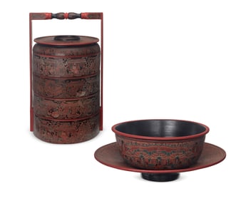 A Burmese lacquered wood food box and two bowls