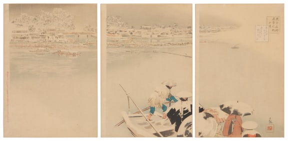 Kobayashi Kiyochika (1847-1915), "The Second Month: Matsuchiyama in Snow at Dusk," from the True