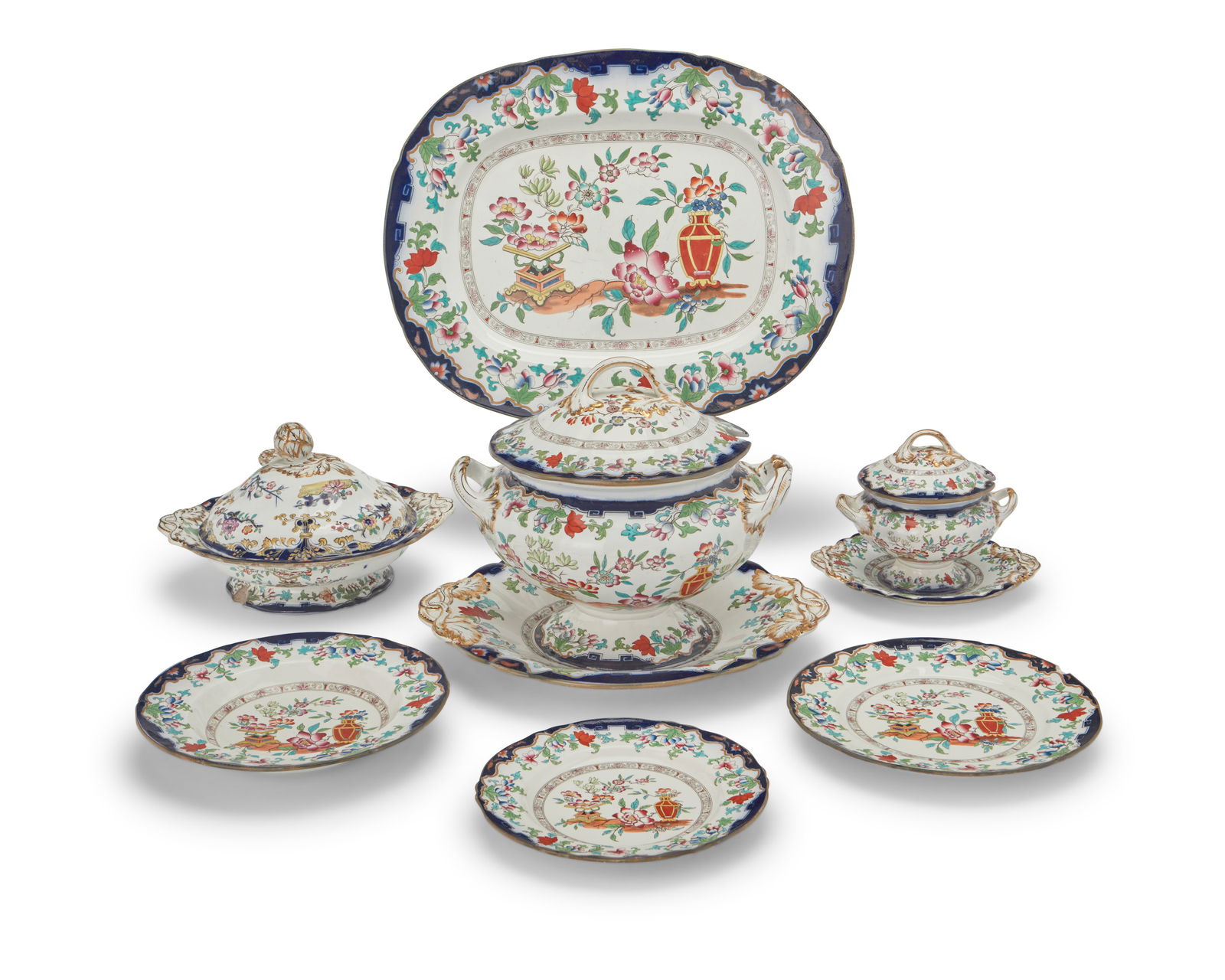 A Minton & Co. ironstone 'Poonah' dinner service: A Minton & Co. ironstone 'Poonah' dinner serviceCirca 1841-73Each stamped: POONAH [in a cartouche] / M & Co.; impressed: B . B / New Ironstone; marked in red: 6099Comprising 31 dinner plates (10.25"),
