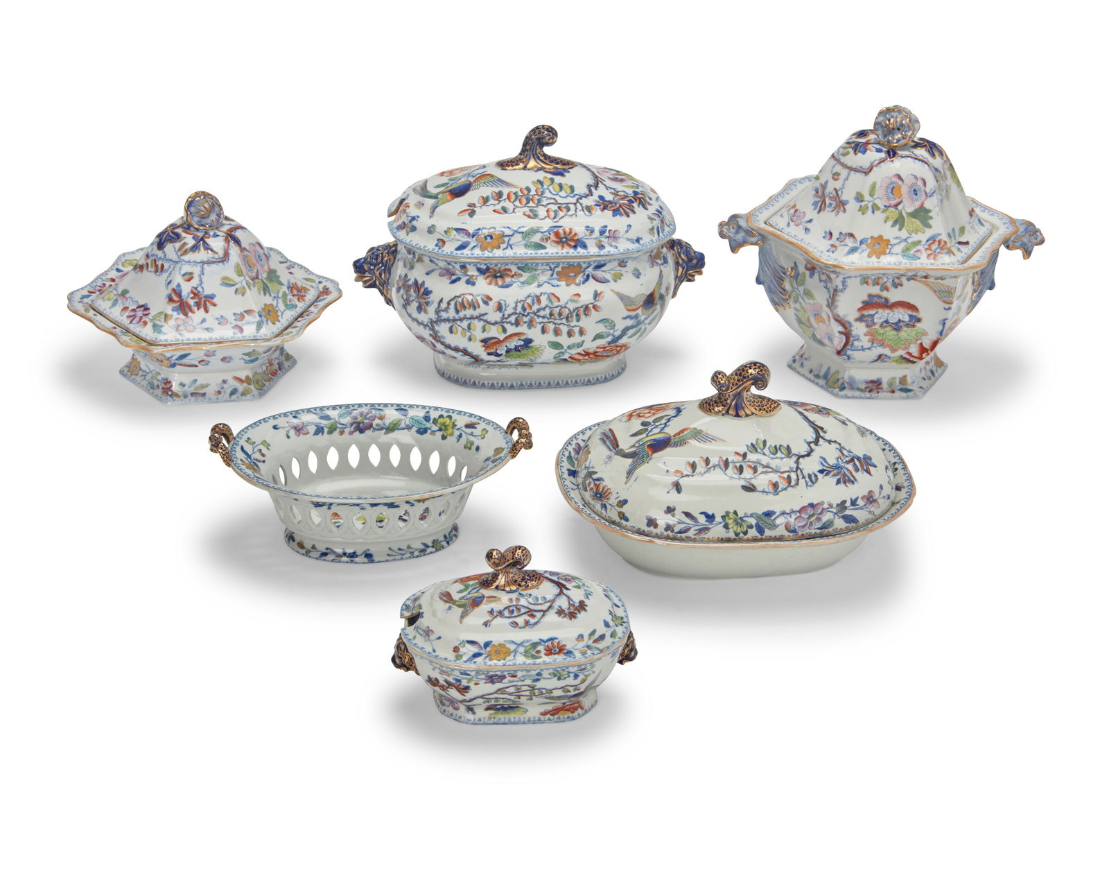 An assembled English ironstone 'Flying Bird' part dinner service: An assembled English ironstone 'Flying Bird' part dinner serviceEarly 19th century-1920sSome marked for Mason's and some marked for DavenportComprising 2 dinner plates (9.625"), 2 salad plates (8.5"),