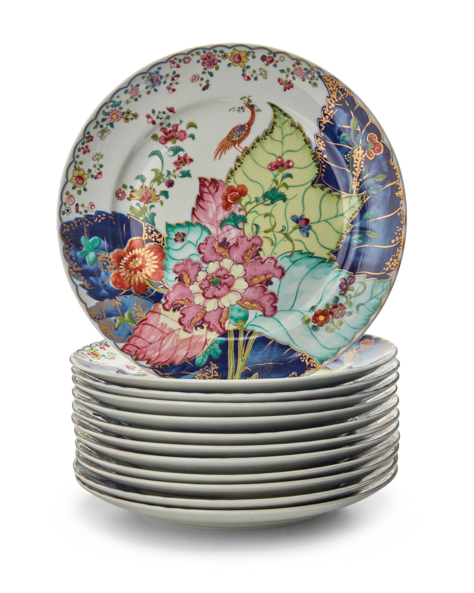A set of twelve Mottahedeh porcelain 'Tobacco Leaf' dinner plates: A set of twelve Mottahedeh porcelain 'Tobacco Leaf' dinner platesLate 20th/early 21st centuryEach marked: Mottahedeh / [crown] / V A / 1824 / Portugal; further marked: Metropolitan Museum of Art / 521