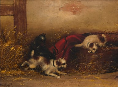 Frank Cassell (19th Century), Dogs in an interior with a red blanket