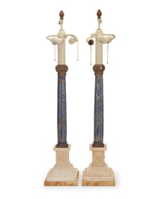A pair of neoclassical marble and lapis table lamps