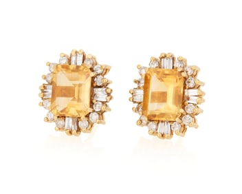 A Pair of 14K Gold, Citrine and Diamond Earrings