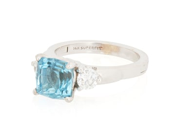 A 14K White Gold, Aquamarine and Diamond Ring
