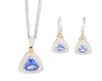 Simon G: An 18K White Gold, Tanzanite and Diamond Necklace and Earring Set