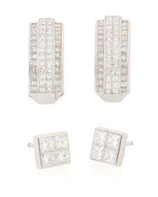Two Pairs of 18K White Gold and Diamond Earrings