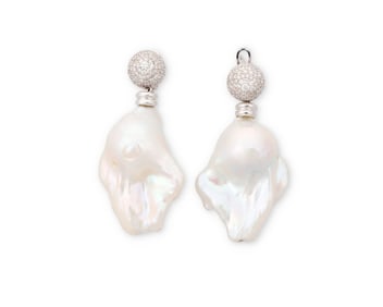 A Pair of 18K White Gold, Baroque Pearl and Diamond Earrings