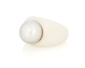 A Platinum, White Agate and Colored Cultured Pearl Ring