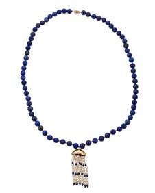 A Gold, Lapis Lazuli and Cultured Pearl Necklace