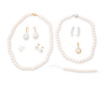 A Group of Bi-Color Gold, Cultured Pearl and Diamond Jewelry