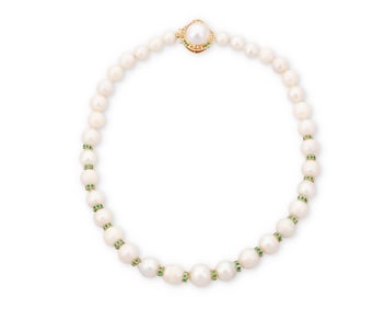 A 14K Gold, Cultured Pearl and Emerald Necklace