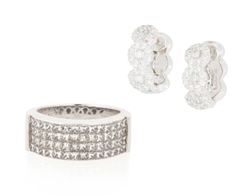 A White Gold and Diamond Ring and Earrings
